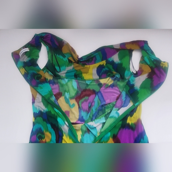 Calvin Klein Watercolour Abstract Art Sleeveless Ruched Sheath Dress Size 10 - Picture 13 of 14